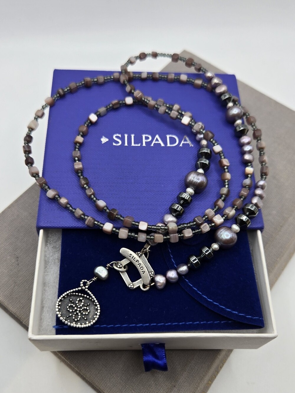Silpada Sterling Silver Hematite Pearls Shell Necklace N1784 Toggle Seed Beads
